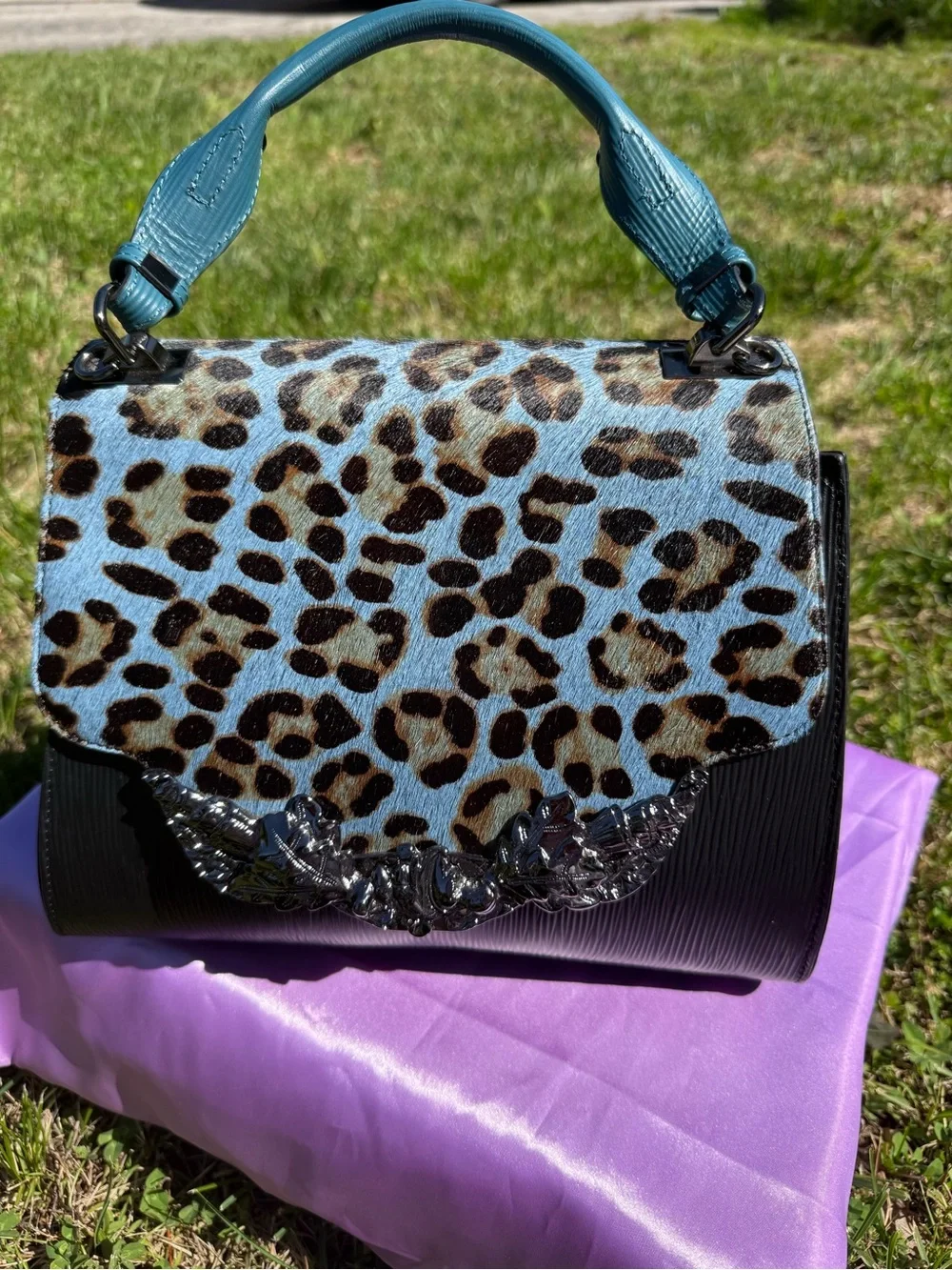 Sharif Legacy Leopard Haircalf and Epi Leather Engraved Leaf Satchel.